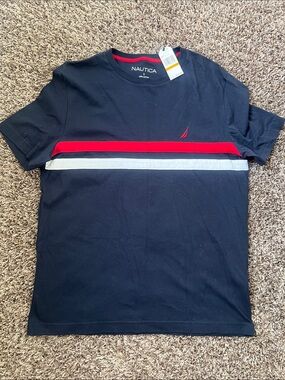 NWT Nautica Navy Short-Sleeve Tee with Red and White Stripes